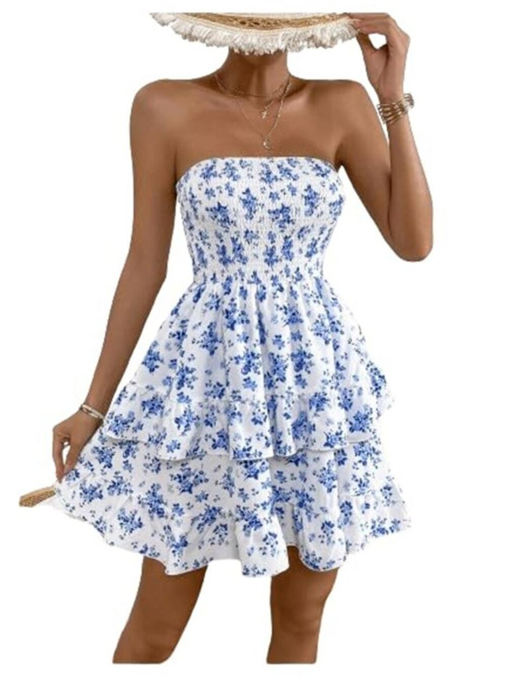 Women's  Blue Floral Ruffle Tiered Layer Strapless Dress